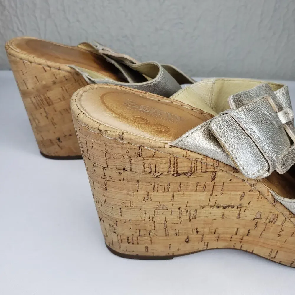 Born Womens 10 High Wedge Platform Light Gold Strappy Cork Sandals Slip Ons